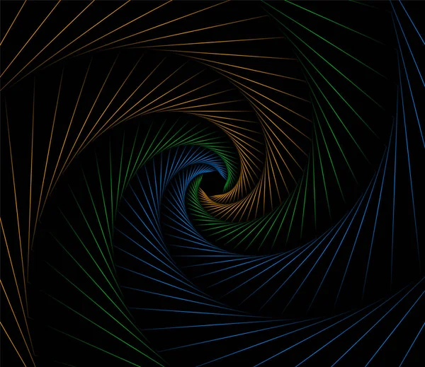 Vecteur Trois Couleurs Symétriques Lignes Spirale Motif Fond Sur Noir — Image vectorielle