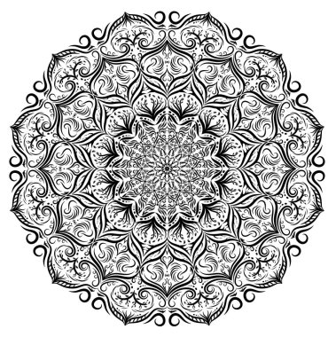 Siyah ve beyaz vektör mandala dantel çiçek desenli arka plan. Tek renkli vektör dantel mandala çiçek yaprakları, çiçek süsleme. Dekorasyon dantel mandala. Sanat dekoratif öğe 