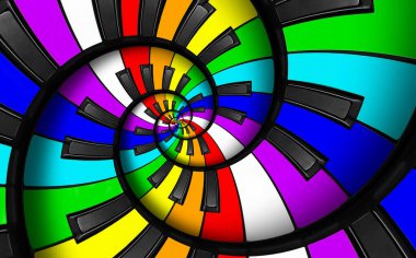 Alışılmadık soyut gökkuşağı piyano klavye spiral müzik arkaplanı. Uçsuz bucaksız merdiven gibi. Gökkuşağı renkleri piyano tuşları spiral tekrarlı desen şeklinde bükülmüş. LGBT kavramı