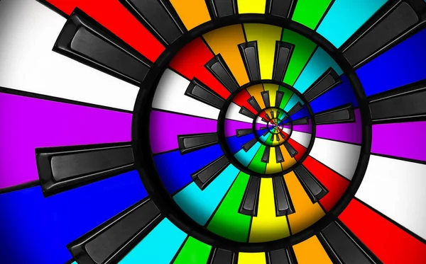 珍しい抽象的な虹ピアノのキーボードスパイラル音楽の背景 無限の階段のようなフラクタル 虹色のピアノキーは螺旋状の反復パターンにねじれている Lgbtの概念 — ストック写真
