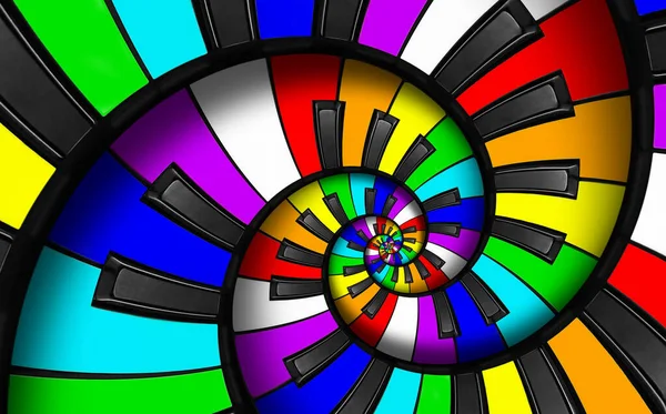 珍しい抽象的な虹ピアノのキーボードスパイラル音楽の背景 無限の階段のようなフラクタル 虹色のピアノキーは螺旋状の反復パターンにねじれている Lgbtの概念 — ストック写真