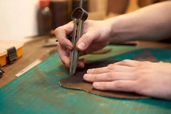 Male Hands Craftsman Measuring Width Seam Natural Leather Working Process Stock Picture