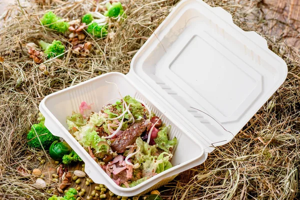 Salada com fatias de carne e muitos legumes frescos — Fotografia de Stock