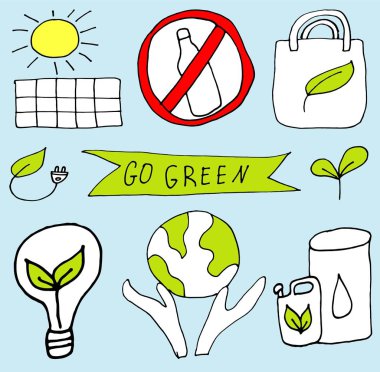 Çevreyle ilgili bir dizi vektör. Ekoloji ve doğa renkli doğrusal simgeler. İşaretlerin çevre dostu düz renk ana hatları koleksiyonu.