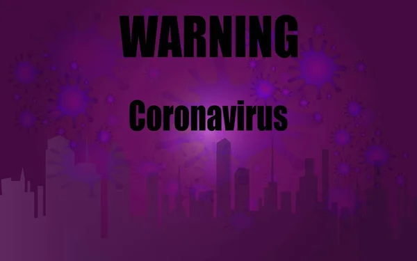 Coronavirus Poster Triangular Warning Sign City Silhouette Coronavirus Molecules Background — 스톡 벡터