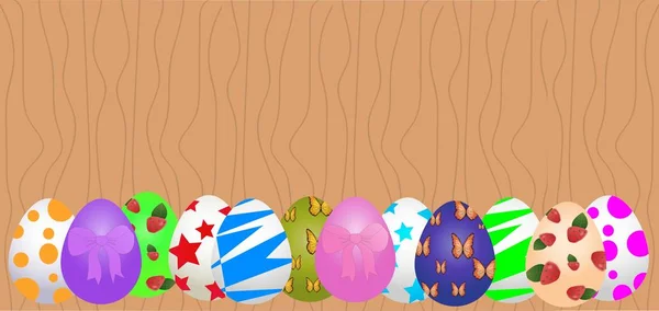 Huevos Pascua Multicolores Sobre Fondo Madera Claro — Vector de stock