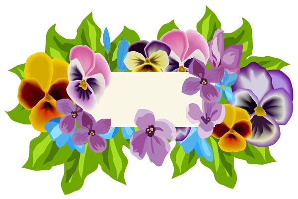 Grußkarte Einladung Mit Blumen Veilchen Und Verschiedene Kleine Einem Blauen — Stockvektor