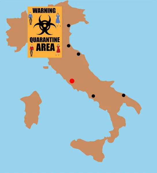 Italia Mapa Mundial Con Signo Zona Peligro Cuarentena — Archivo Imágenes Vectoriales
