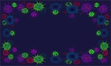 Arka plan koyu mavi ve koronavirüs molekülleri var. Yazıtlar için bir yer var.