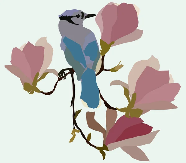 桜のベクトル図の枝に鳥が — ストックベクタ