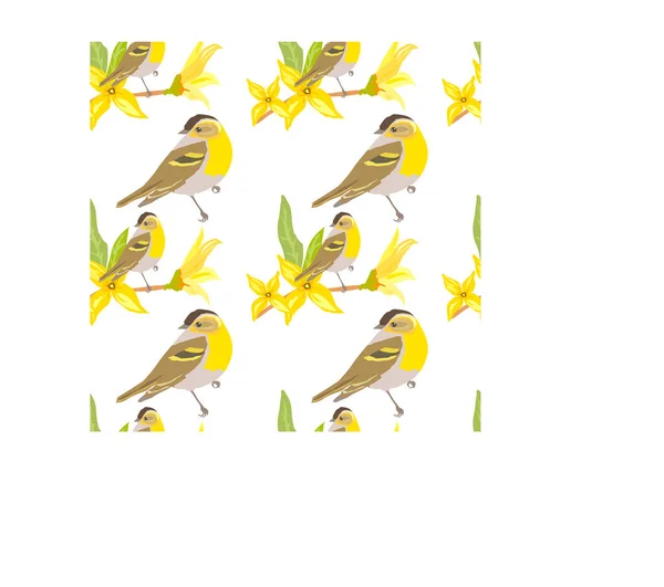 Seamless Pattern Yellow Flowers Birds Brown Cap — Stock Photo, Image