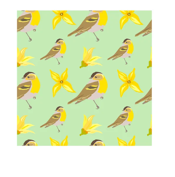 黄色の花と茶色のキャップを持つ鳥とシームレスなパターン — ストック写真