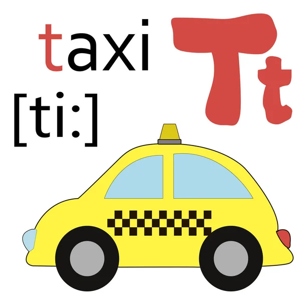 Alfabeto inglés con letra e imagen de taxi — Vector de stock