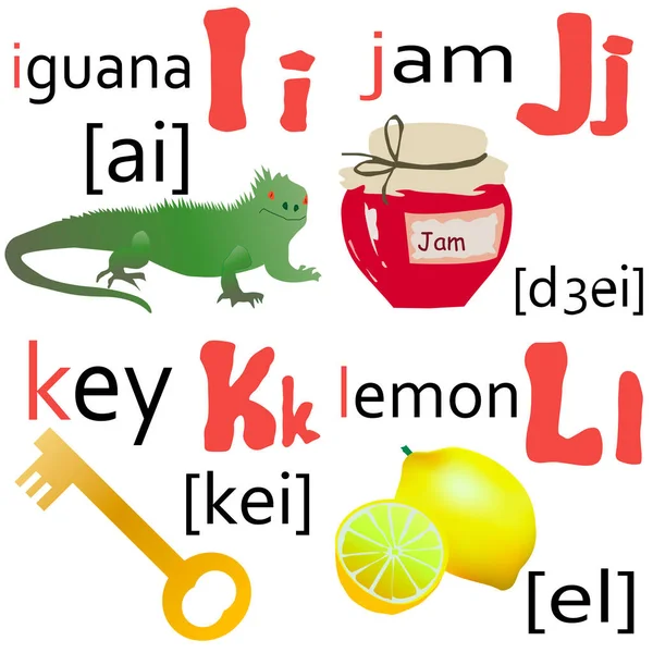 Satz von Buchstaben des englischen Alphabets mit Bildern Vektorzeichnung — Stockillustration Satz Von Buchstaben Des Englischen Alphabets Mit Bildern Vektorzeichnung — Stockvektor