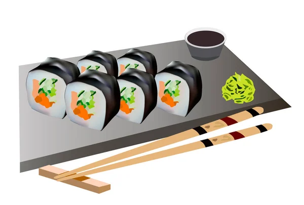 Sushi Rollos Porción Del Soporte Arroz Pescado Rojo — Vector de stock