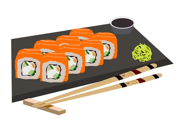 Sushi Rotoli Sulla Porzione Stand Riso Pesce Rosso — Vettoriale Stock