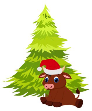 Beyaz arka planda kırmızı şapkalı bir boğa Noel ağacının altında