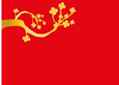 Kırmızı arka planda altın çiçeklerin açtığı kiraz dalı bayram bayrağını taşıyor.