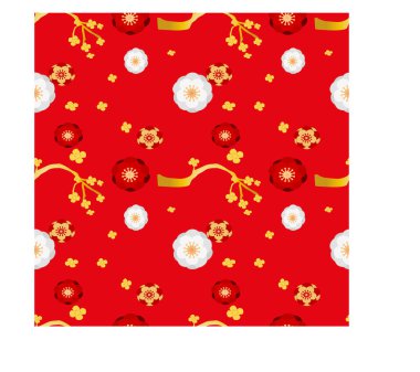 Kırmızı zemin üzerinde kusursuz desen altın kiraz çiçekleri ve çiçekler