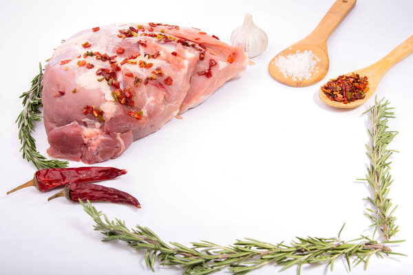 a large piece of meat on a white background with spices