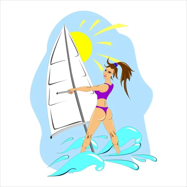 Windsurfing water sports on the ocean waves. Girl on a surfboard. Sports competition in windsurfing, and fun for the soul. Vector illustration.
