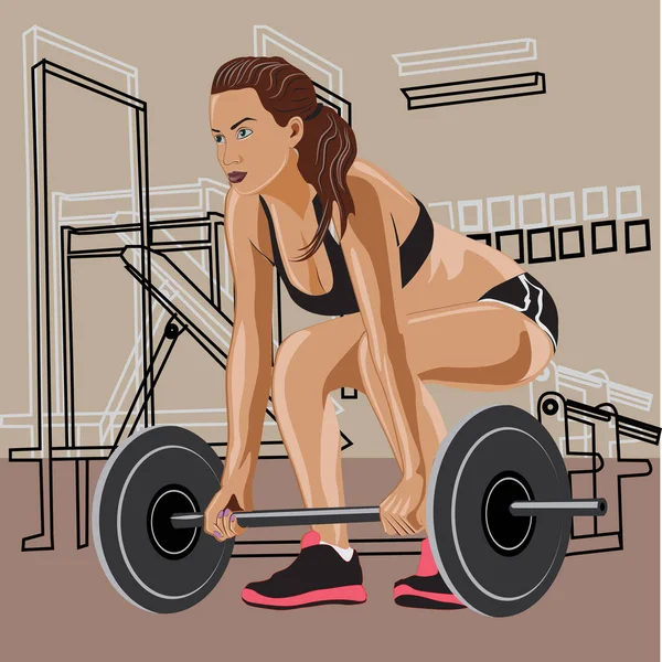 Ilustração de uma menina desportiva com um fisiculturismo barbell — Vetor de Stock