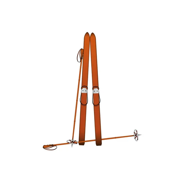 Old wooden alpine skis and old ski poles — Stock Vector