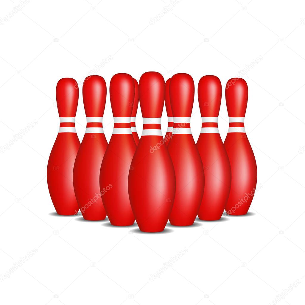 Bowling pins in red design with white stripes standing in formation