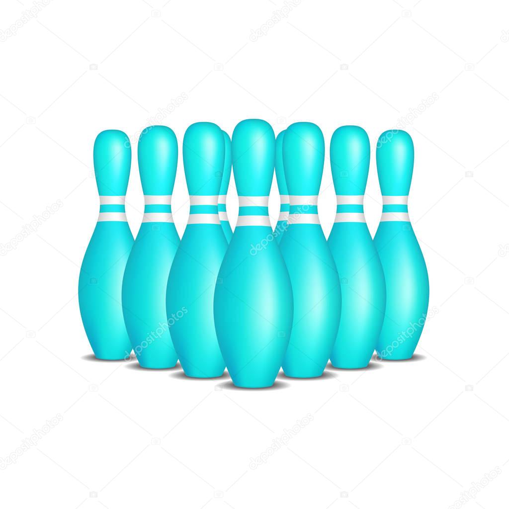 Bowling pins in turquoise design with white stripes standing in formation 