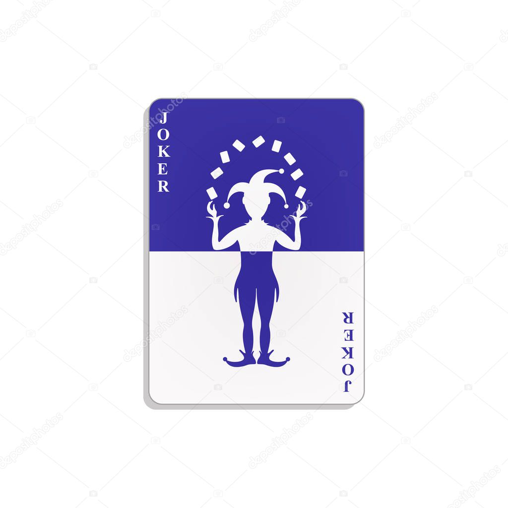 Playing card with Joker in blue and white design with shadow on white background
