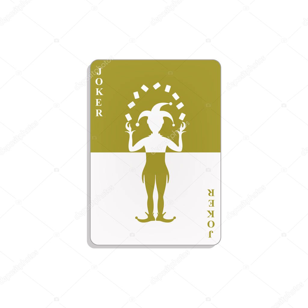 Playing card with Joker in brown and white design with shadow on white background