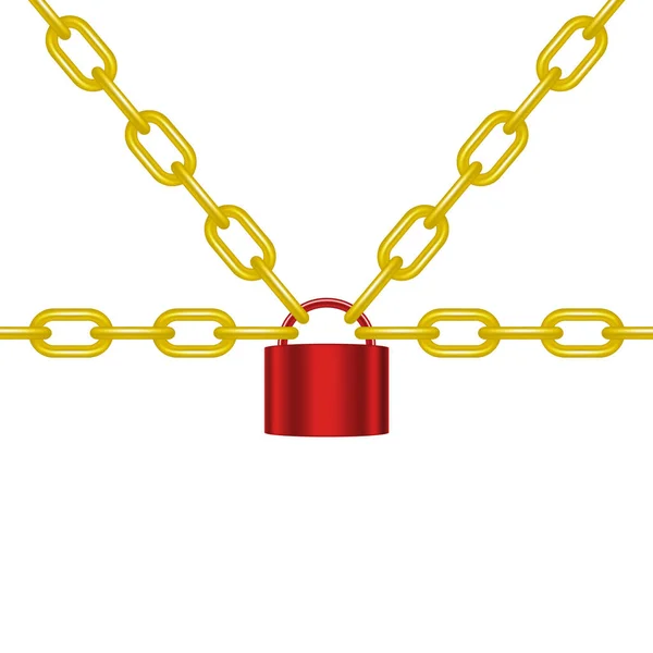 Золоті Ланцюжки Заблоковані Замком Червоному Дизайні Білому Тлі — стоковий вектор