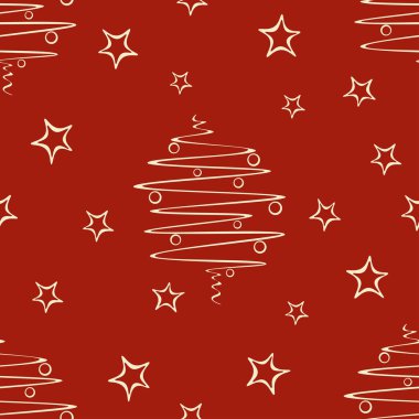  El çizimi noel ağacı ve yıldızların pürüzsüz deseni. Doodle vektör illüstrasyonu. 