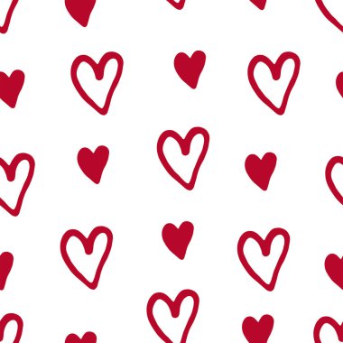 Kırmızı kalpli, kusursuz bir desen. Sevgililer Günü, düğün günü şablonu. Kalpler karalanıyor fon.