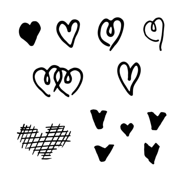 Ruční kreslení Srdce. Valentýn, svatební den. Černé srdce čmárá. Sada vektorů. — Stock fotografie