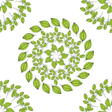 Yeşil dalları ve yaprakları olan el çizimi, pürüzsüz bir desen. Yaz ve bahar dekorasyonu için basit yeşil yaprak elementleri. Tasarım, logo, kartlar için Doodle.
