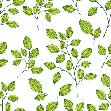 Yeşil dalları ve yaprakları olan el çizimi, pürüzsüz bir desen. Yaz ve bahar dekorasyonu için basit yeşil yaprak elementleri. Tasarım, logo, kartlar için Doodle.