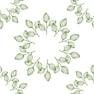 Yeşil dalları ve yaprakları olan el çizimi, pürüzsüz bir desen. Yaz ve bahar dekorasyonu için basit yeşil yaprak elementleri. Tasarım, logo, kartlar için Doodle.