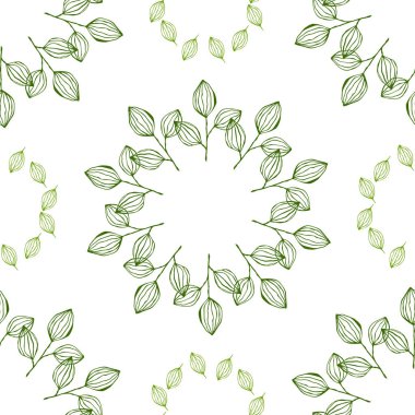 Yeşil dalları ve yaprakları olan el çizimi, pürüzsüz bir desen. Yaz ve bahar dekorasyonu için basit yeşil yaprak elementleri. Tasarım, logo, kartlar için Doodle.