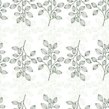 Yeşil dalları ve yaprakları olan el çizimi, pürüzsüz bir desen. Yaz ve bahar dekorasyonu için basit yeşil yaprak elementleri. Tasarım, logo, kartlar için Doodle.