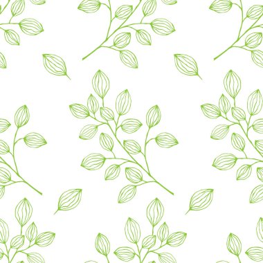 Yeşil dalları ve yaprakları olan el çizimi, pürüzsüz bir desen. Yaz ve bahar dekorasyonu için basit yeşil yaprak elementleri. Tasarım, logo, kartlar için Doodle.