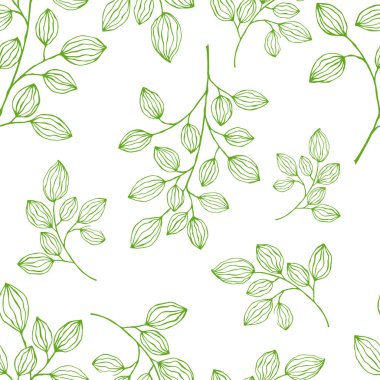 Yeşil soyut yapraklı el çizimi, pürüzsüz vektör deseni. Yaz ve bahar dekorasyonu için basit yeşil yaprak elementleri. Tasarım, logo ve kartlar için Doodle vektör çizimi.