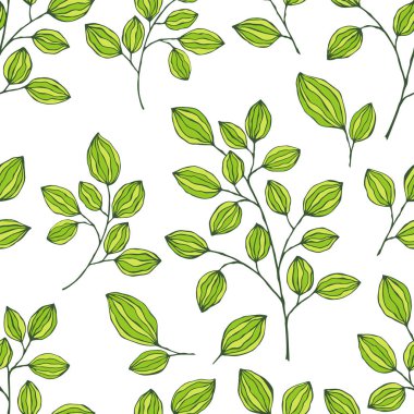 Yeşil soyut yapraklı el çizimi, pürüzsüz vektör deseni. Yaz ve bahar dekorasyonu için basit yeşil yaprak elementleri. Tasarım, logo ve kartlar için Doodle vektör çizimi.