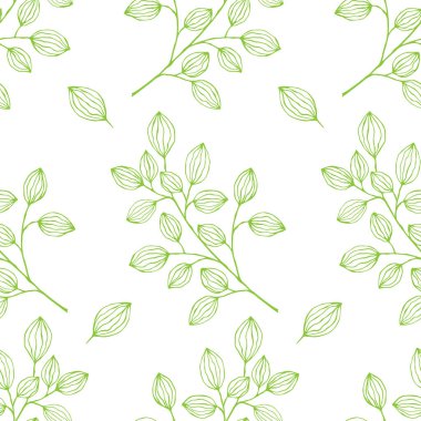 Elle çizilmiş, yeşil yapraklı, pürüzsüz bir yol. Yaz ve bahar dekorasyonu için basit yeşil yaprak elementleri. Tasarım, logo ve kartlar için Doodle vektör çizimi.