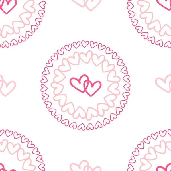 情人节贺卡的无缝隙的涂鸦背景和粉色的心 病媒中的手绘心脏 — 图库照片