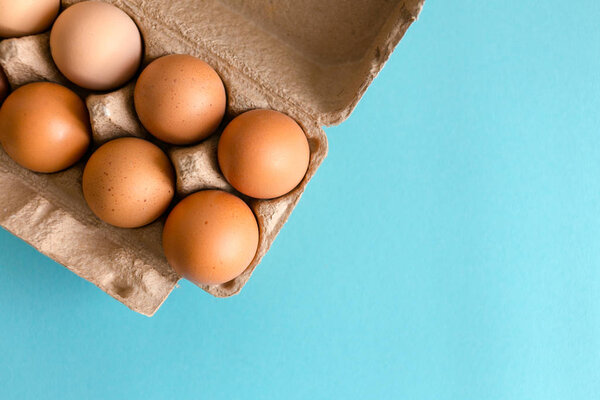 Fresh brown and speckled chicken eggs in eco cardboard on a blue background. Photo with soft focus, macro shot.
