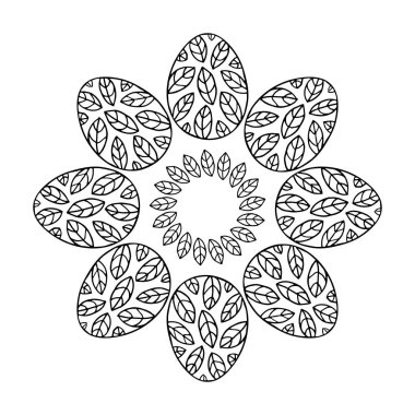 Paskalya yumurtası ve yapraklarından yapılmış Doodle mandala. Tatiller, logolar, kartpostallar için elle çizilmiş resimler..