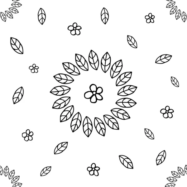 Modello Senza Cuciture Foglie Fiori Disegnati Mano Illustrazione Scarabocchi Bianco — Vettoriale Stock