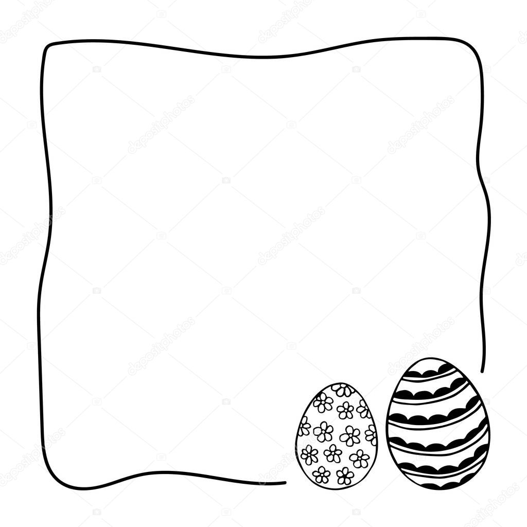 Black and white hand-drawn illustration. Easter eggs in a doodle style frame.