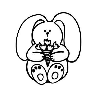 Siyah-beyaz çizgili Paskalya tavşanı pençelerinde laleler tutuyor. Kartpostal, pankart, çocuk odası tasarımı için elle çizilmiş tatil illüstrasyonu.